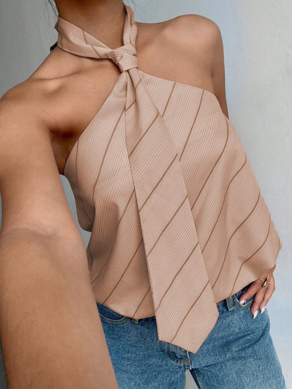 Multicolor Casual Women's Striped Necktie Design Halter Top